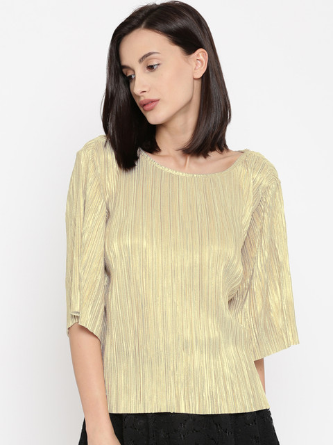

SF JEANS by Pantaloons Women Golden Self Striped Top, Gold