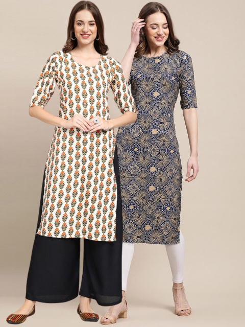 

1 Stop Fashion Women Pack of 2 Ethnic Motifs Printed Crepe Kurta, Cream
