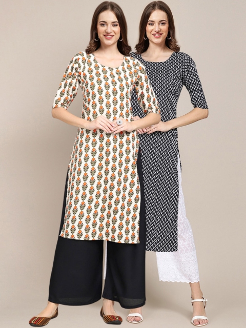 

1 Stop Fashion Women Pack of 2 Ethnic Motifs Printed Crepe Kurta, Cream