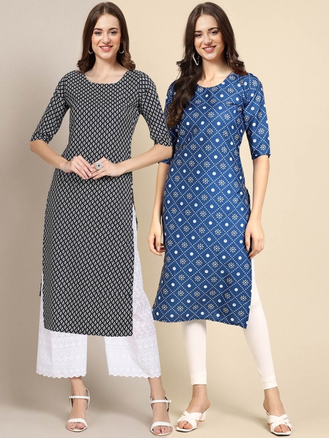 

1 Stop Fashion Women Pack of 2 Ethnic Motifs Printed Crepe Kurta, Black