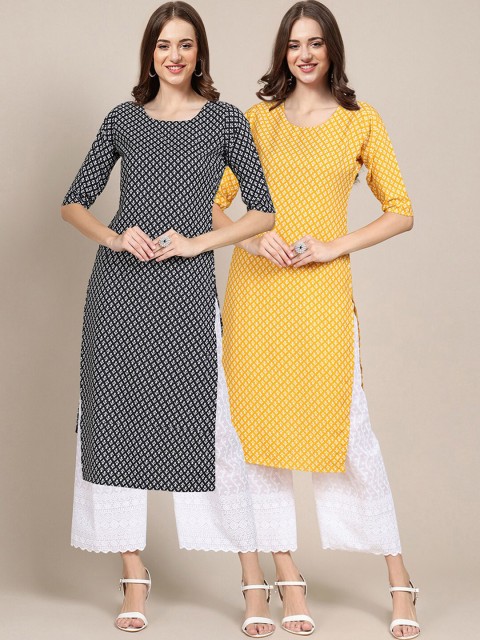 

1 Stop Fashion Women Pack of 2 Ethnic Motifs Printed Crepe Kurta, Black