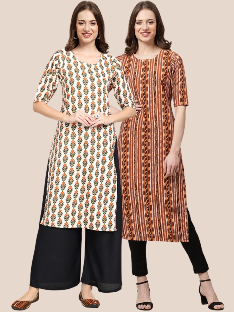 

1 Stop Fashion Women Pack of 2 Ethnic Motifs Printed Crepe Kurta, Cream