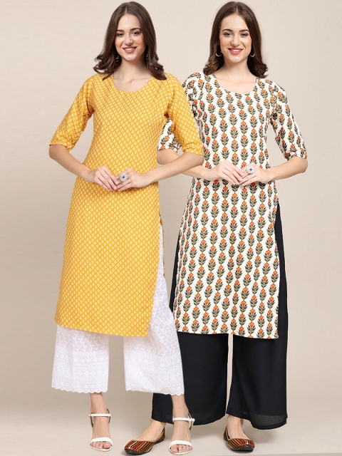 

1 Stop Fashion Women Pack of 2 Ethnic Motifs Printed Crepe Kurta, Yellow