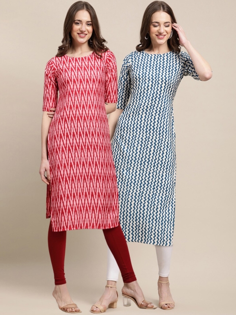 

1 Stop Fashion Women Pack of 2 Ethnic Motifs Printed Crepe Kurta, Red