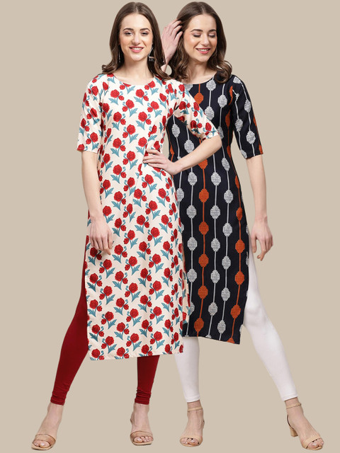 

1 Stop Fashion Women Pack of 2 Ethnic Motifs Printed Crepe Kurta, Red