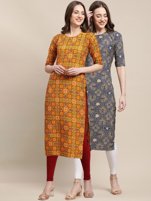 

1 Stop Fashion Women Pack of 2 Ethnic Motifs Printed Crepe Kurta, Mustard