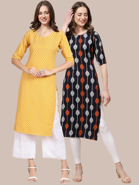 

1 Stop Fashion Women Pack of 2 Ethnic Motifs Printed Crepe Kurta, Yellow