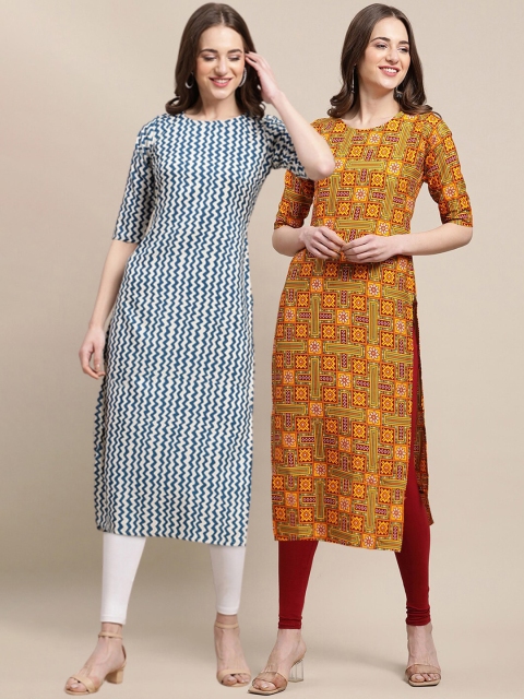 

1 Stop Fashion Women Pack of 2 Ethnic Motifs Printed Crepe Kurta, Mustard