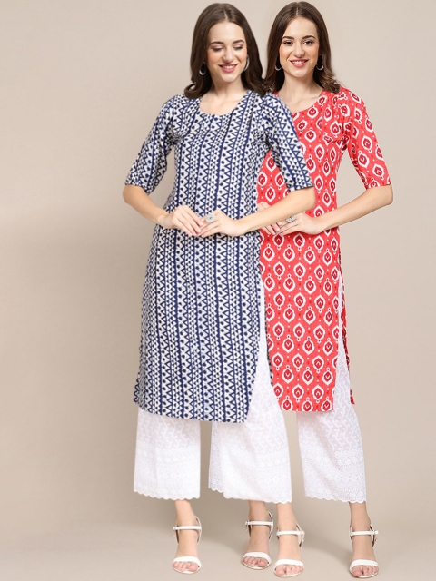 

1 Stop Fashion Women Pack of 2 Ethnic Motifs Printed Crepe Kurta, Navy blue