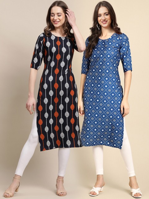 

1 Stop Fashion Women Pack of 2 Ethnic Motifs Printed Crepe Kurta, Black