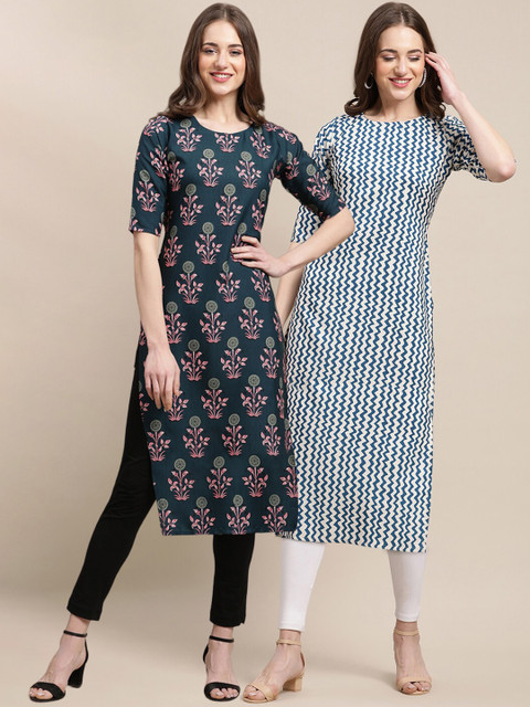 

1 Stop Fashion Women Blue & Green Geometric Printed Block Print Crepe Kurta Pack of 2
