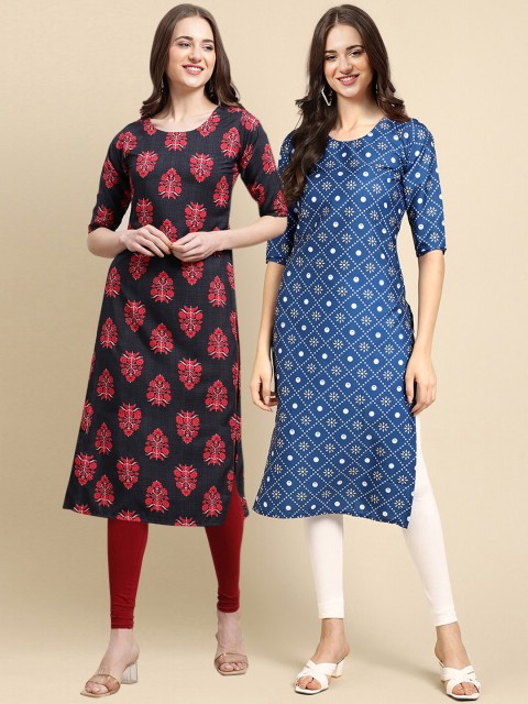 

1 Stop Fashion Women Blue & Black Ethnic Motifs Printed Block Print Crepe Kurta Pack of 2