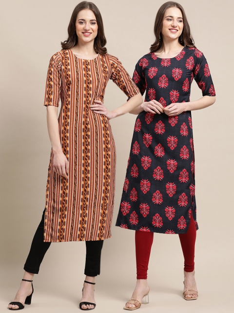 

1 Stop Fashion Women Brown & Black Ethnic Motifs Printed Block Print Crepe Kurta Pack of 2