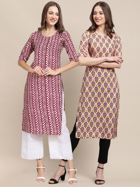 

1 Stop Fashion Women Brown & Peach-Coloured Ethnic Motifs Printed Crepe Kurta Pack of 2