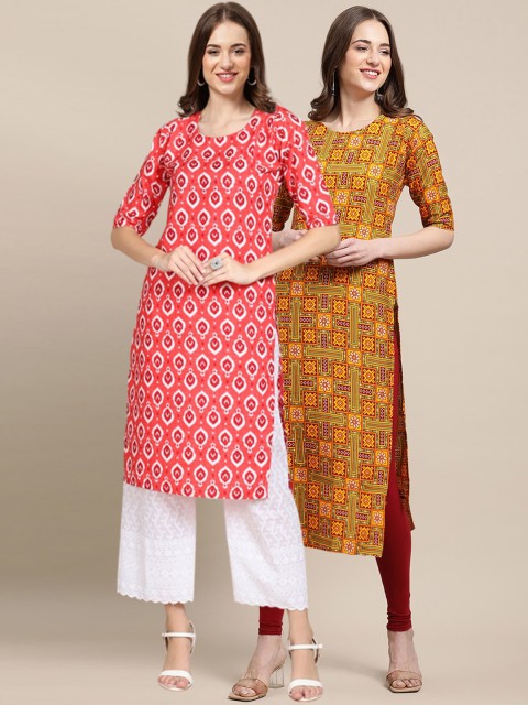

1 Stop Fashion Women Coral & Mustard Yellow Geometric Printed Crepe Kurta Pack of 2