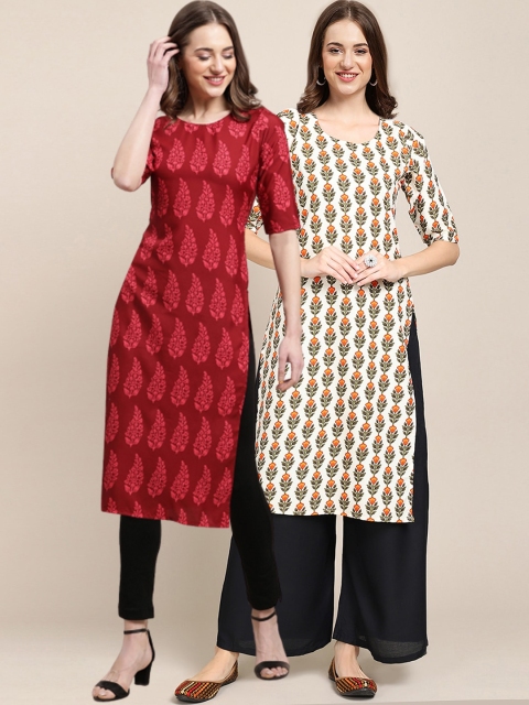 

1 Stop Fashion Women Red Ethnic Motifs Printed Block Print Crepe Kurta Pack of 2