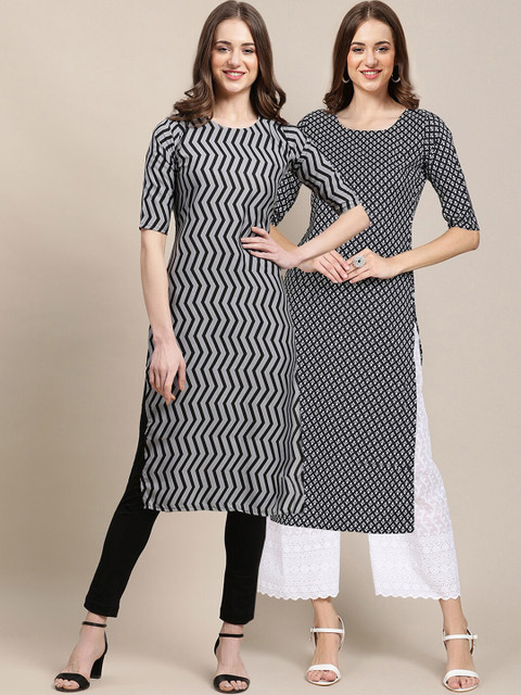 

1 Stop Fashion Women Black & Grey Geometric Printed Block Print Crepe Kurta Pack of 2