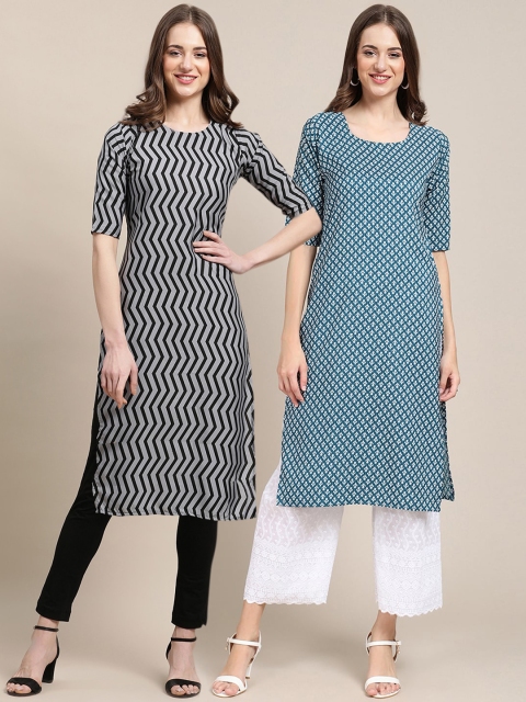 

1 Stop Fashion Women Black & Blue Geometric Printed Block Print Crepe Kurta