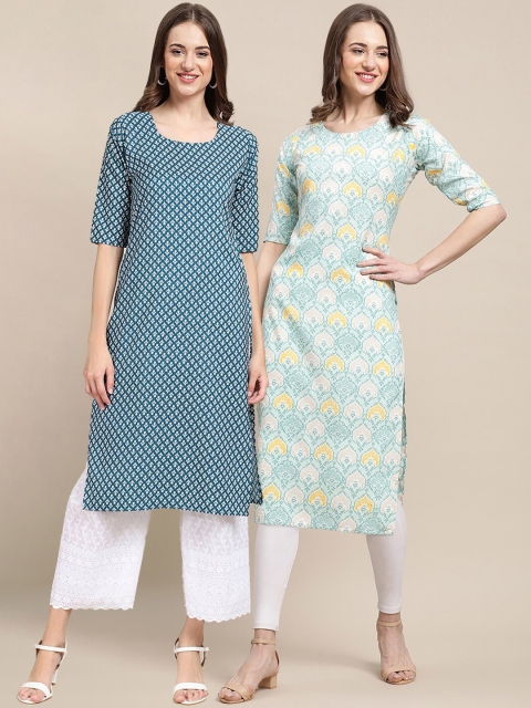 

1 Stop Fashion Women Pack of 2 Teal & Sea Green Floral Printed Crepe Kurtas
