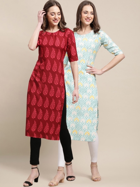 

1 Stop Fashion Women Pack of 2 Pack Of 2 Red & Sea Green Printed Crepe Kurtas