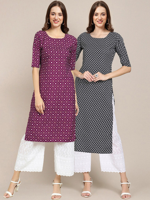 

1 Stop Fashion Women Pack of 2 Purple & Black Ethnic Motifs Printed Crepe Kurtas