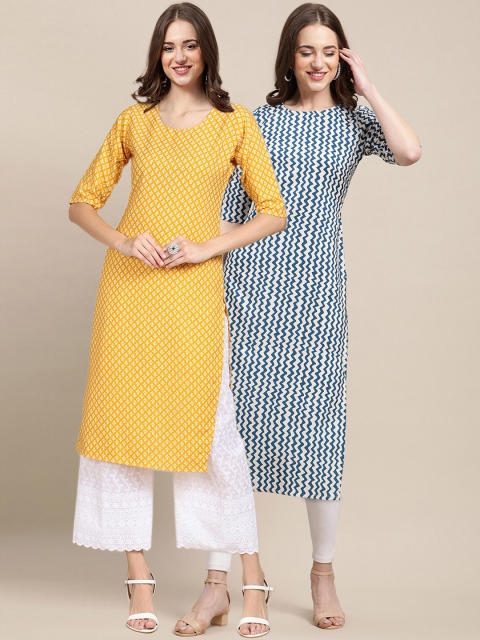 

1 Stop Fashion Women Pack of 2 Yellow & Navy Blue Ethnic Motifs Printed Crepe Kurtas