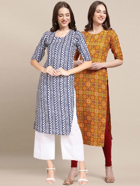 

1 Stop Fashion Women Pack of 2 Navy Blue & Mustard Yellow Printed Crepe Kurtas