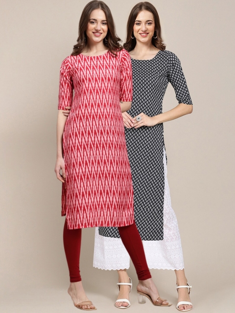 

1 Stop Fashion Women Pack of 2 Red & Black Ethnic Motifs Printed Crepe Kurtas