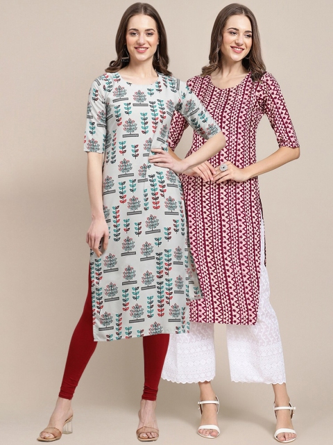 1 Stop Fashion Women Pack of 2 Grey & Maroon Ethnic Motifs Printed Crepe Kurtas