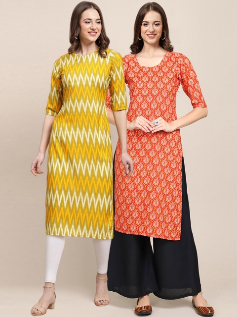 

1 Stop Fashion Women Pack of 2 Yellow & Orange Geometric Printed Crepe Kurtas