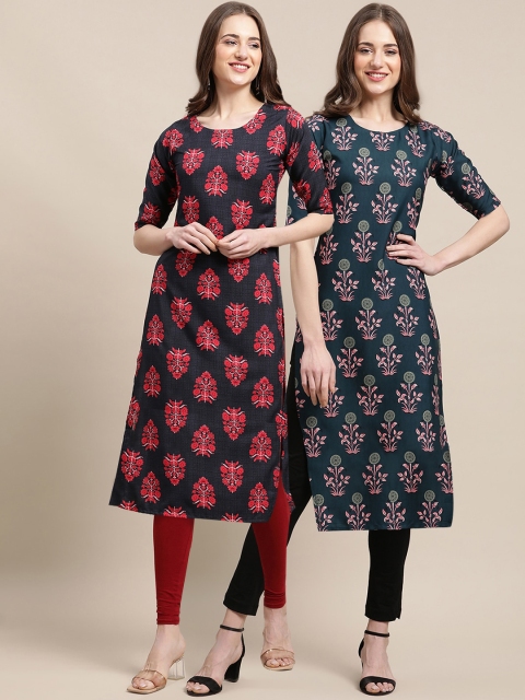 1 Stop Fashion Women Pack of 2 Black & Green Ethnic Motifs Printed Crepe Kurtas