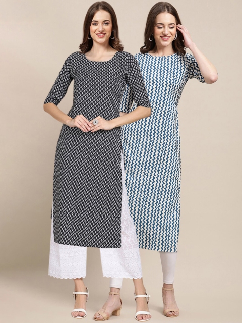 

1 Stop Fashion Women Pack of 2 Black & Blue Geometric Printed Crepe Kurtas