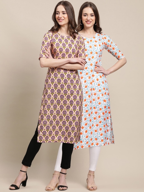 

1 Stop Fashion Women Pack of 2 Peach-Coloured & Blue Printed Crepe Kurta