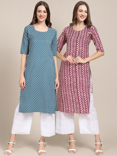 

1 Stop Fashion Women Pack of 2 Teal & Maroon Geometric Printed Crepe Kurta