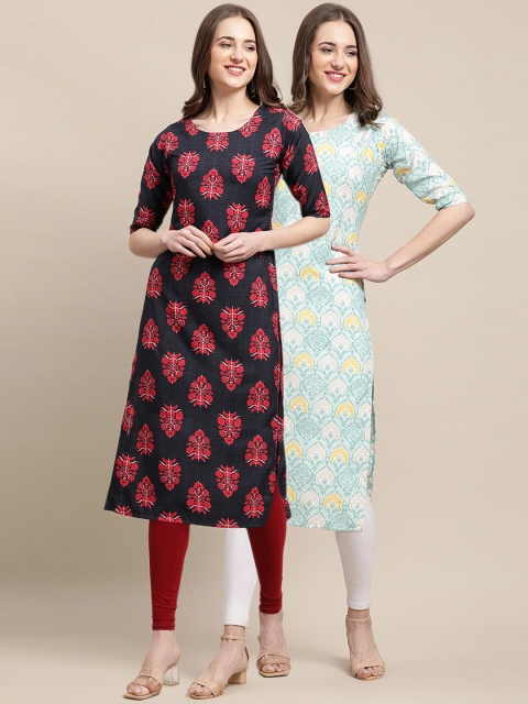 

1 Stop Fashion Women Pack of 2 Black & Blue Printed Crepe Kurta