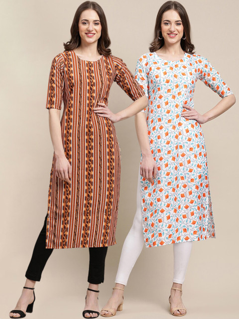 

1 Stop Fashion Women Pack of 2 Brown & Blue Geometric Printed Crepe Kurta