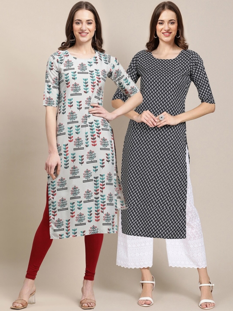 

1 Stop Fashion Women Pack of 2 Black & Off White Printed Crepe Kurta