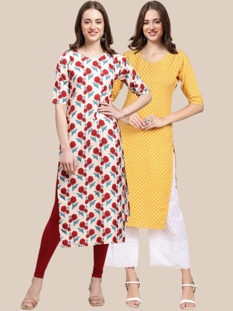 

1 Stop Fashion Women Pack of 2 Yellow & Off White Geometric Printed Crepe Kurta