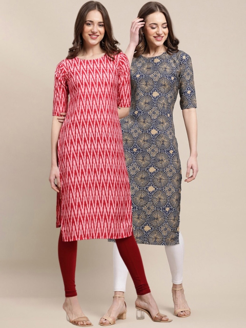 

1 Stop Fashion Women Pack of 2 Red & Navy Blue Printed Crepe Kurta