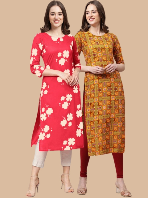 

1 Stop Fashion Women Pack of 2 Red & Mustard Yellow Floral Printed Crepe Kurta