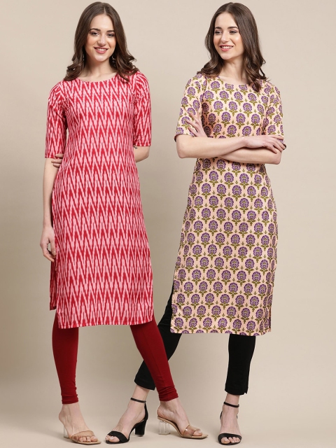 

1 Stop Fashion Women Pack of 2 Red & Peach-Coloured Printed Crepe Kurta