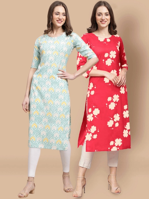 

1 Stop Fashion Women Pack Of 2 Blue & Red Floral Printed Crepe Kurta