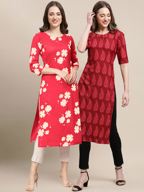 

1 Stop Fashion Women Pack Of 2 Maroon & Red Ethnic Motifs Printed Crepe Kurta