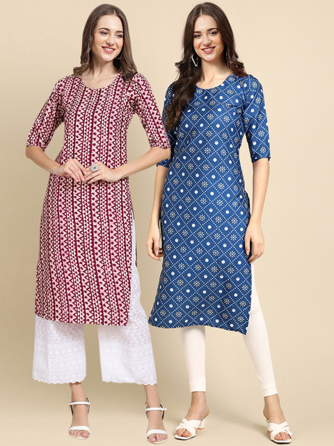 

1 Stop Fashion Women Pack Of 2 Maroon & Blue Ethnic Motifs Printed Crepe Kurta