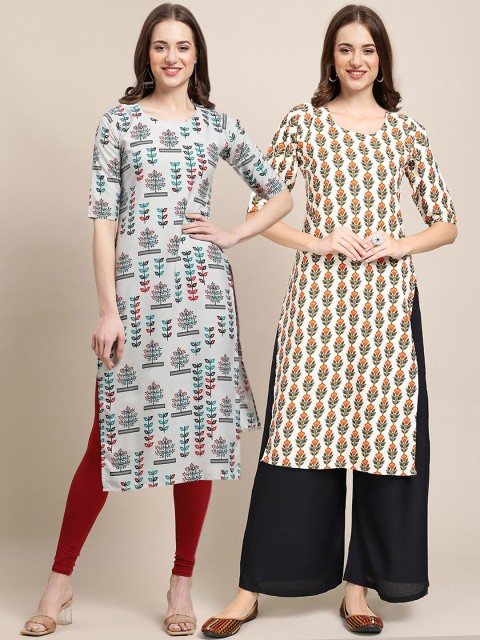 

1 Stop Fashion Women Pack Of 2 Grey & Beige Ethnic Motifs Printed Crepe Kurta