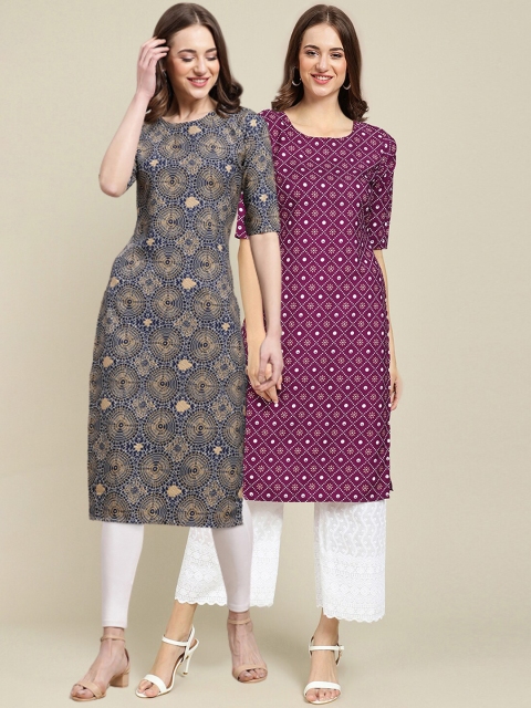 

1 Stop Fashion Women Pack Of 2 Navy Blue & Purple Ethnic Motifs Printed Crepe Kurta