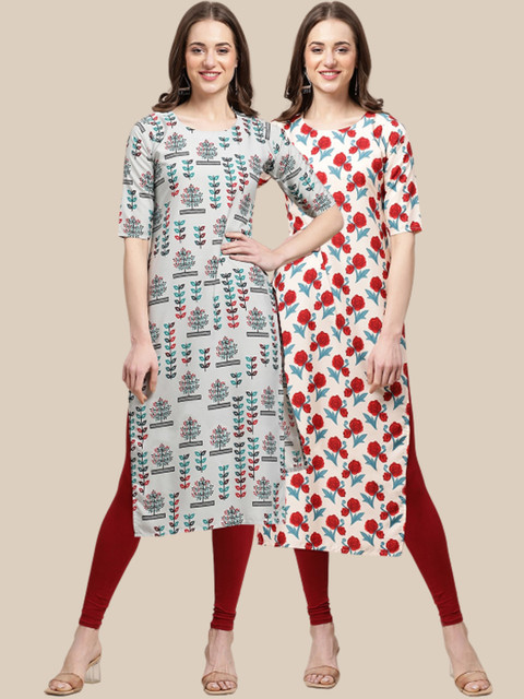 

1 Stop Fashion Women Pack Of 2 Grey & Cream-Coloured Ethnic Motifs Printed Crepe Kurta