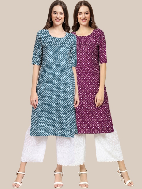 

1 Stop Fashion Women Pack Of 2 Blue & Purple Ethnic Motifs Printed Crepe Kurta