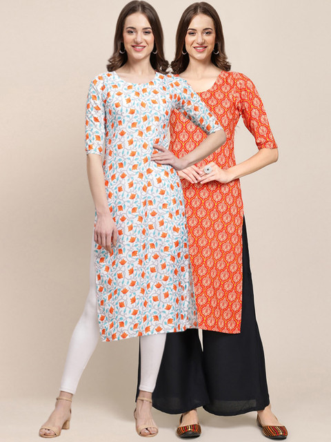 

1 Stop Fashion Women Pack Of 2 Blue & Orange Ethnic Motifs Printed Crepe Kurta