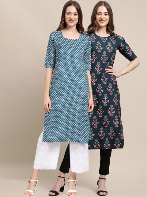 

1 Stop Fashion Women Pack Of 2 Blue & Green Ethnic Motifs Printed Crepe Kurta